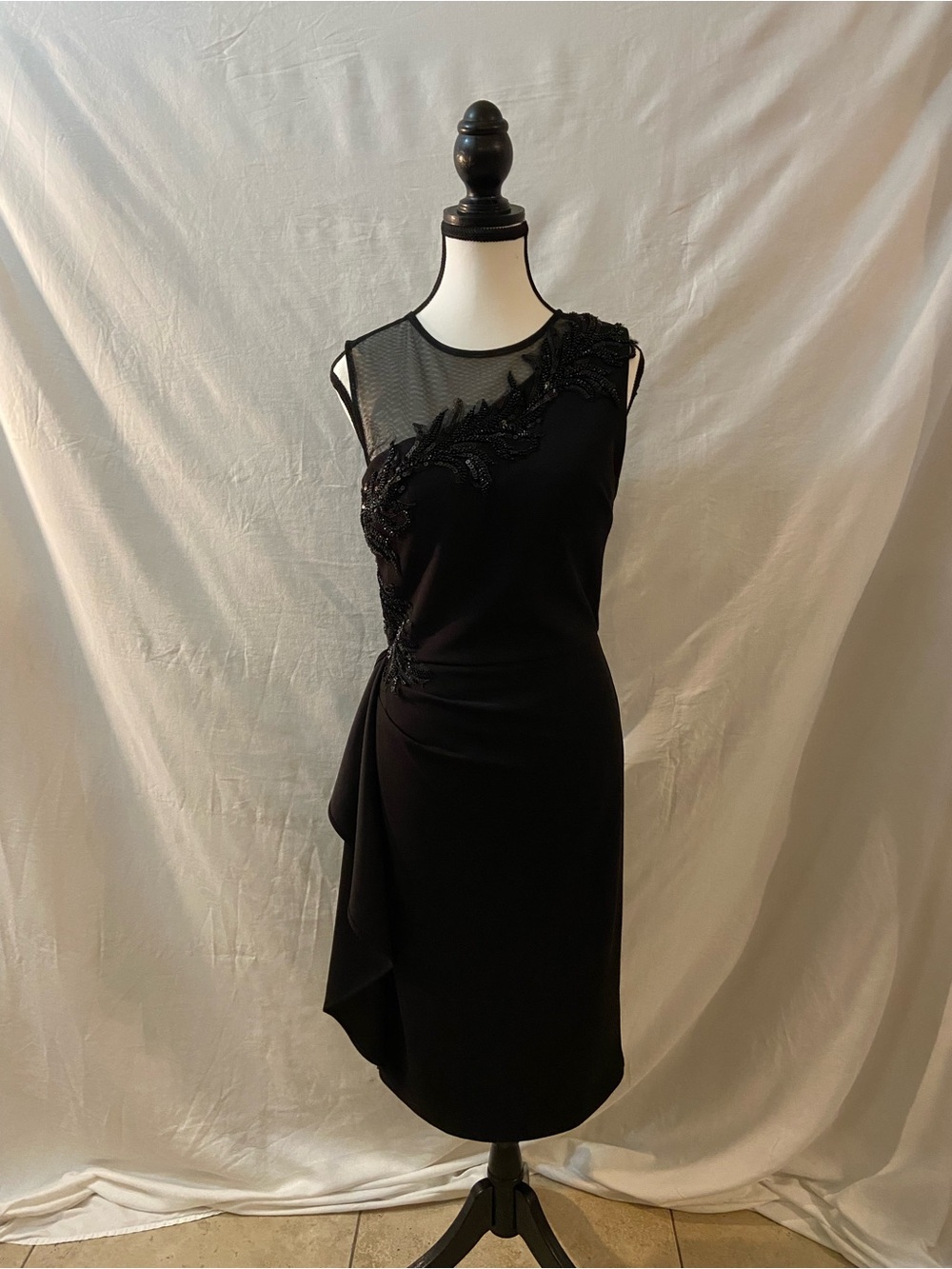 R&M Richards Black Mesh Yoke Midi Sheath Dress